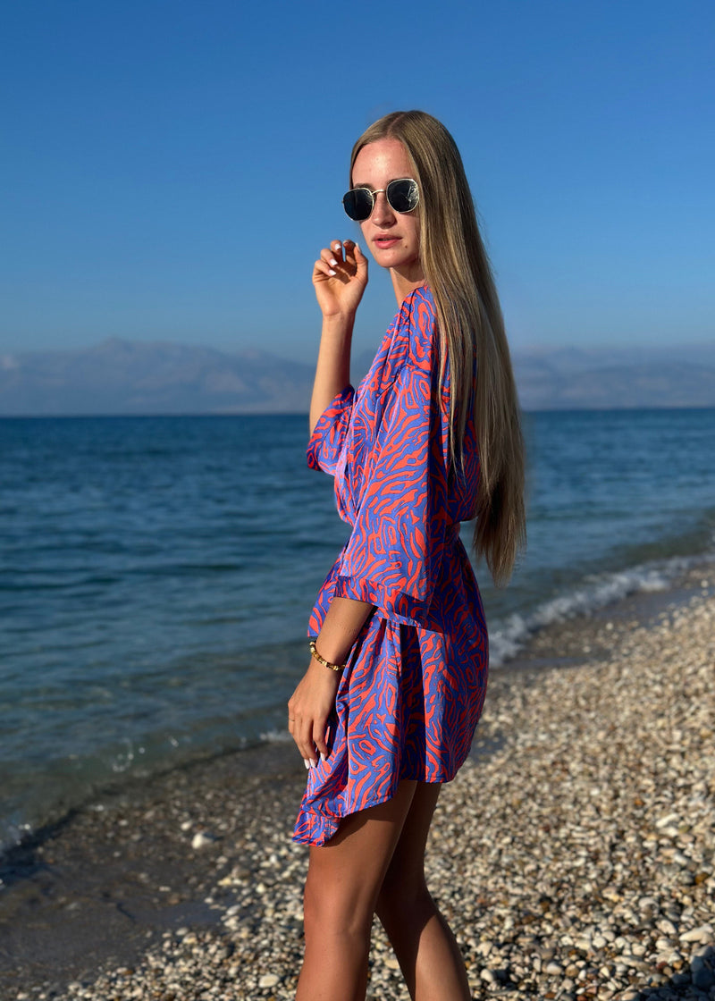 MADEIRA ZEBRA PRINT KIMONO IN BLUE & ORANGE